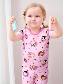 CoComelon X SHEIN Baby Girl Cartoon Print Round Neck Short Sleeve Top And Leggings Pajama Set - Multicolor - View 5