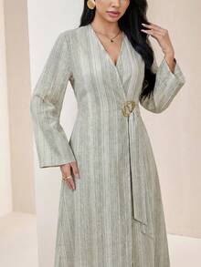 Veilorie Áo Abaya dài tay cổ chữ V in họa tiết sọc dành cho nữ - Nhiều màu - Xem 3