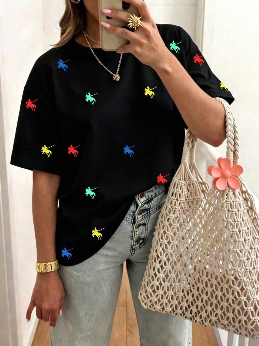 EMERY ROSE Camiseta de mujer de manga corta con cuello redondo, estampado casual de jinete de caballo multicolor, versátil para uso diario - Multicolor - Ver 1