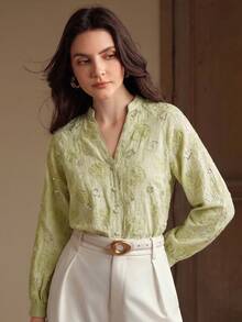 Anewsta Fashionable & Elegant Party Sequin Embroidered Long Sleeve Blouse For Women - Green - View 4