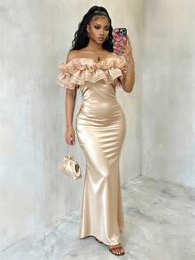 SHEIN Raffinéa Gaun Mermaid Wanita Elegan Warna Polos Berkilau Jala Tanpa Bahu Model Bandeau Patchwork Satin Pas Badan, Musim Semi/Panas - Sampanye - View 6