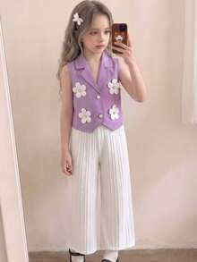 Elladie kids 两件套女童夏季黑色无袖翻领开襟短款背心，饰有3D立体花卉图案，搭配白色直筒休闲裤，简约时尚百搭通勤装 - 彩色 - 查看 3
