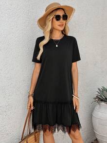 EMERY ROSE Đầm ngắn tay ngắn cổ tròn màu trơn, viền bèo nhún, kiểu dáng thường ngày dành cho nữ. - màu đen - Xem 6