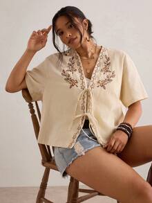 Freevana Plus Size Women Floral Embroidery Short Sleeve Tie Front Shirt - Apricot - View 6