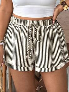 SHEIN VCAY Plus Size Autumn French Old Money Style Colorful Striped Teacher Shorts - Multicolor - View 1