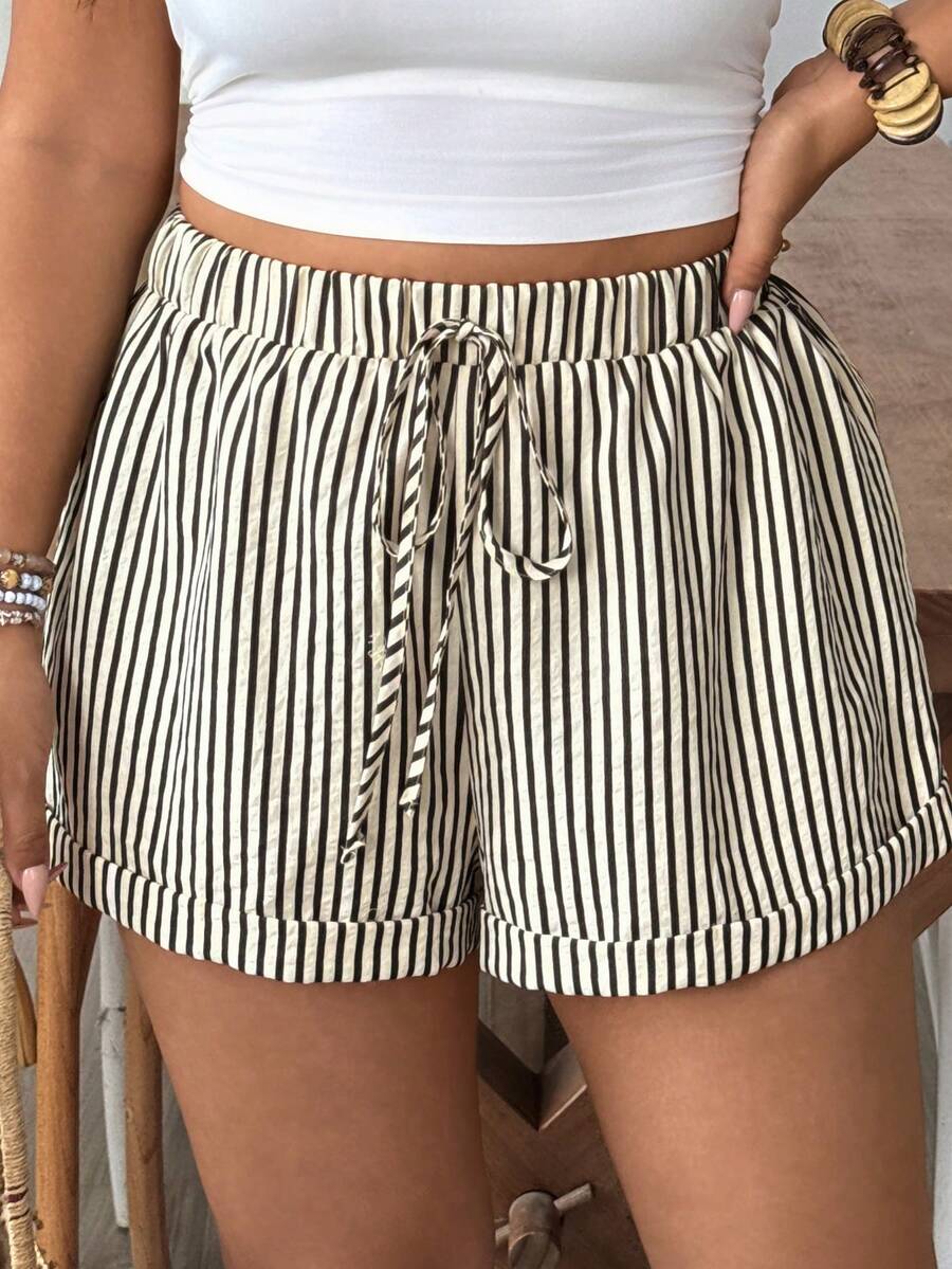 SHEIN VCAY Plus Size Autumn French Old Money Style Colorful Striped Teacher Shorts - Multicolor - View 1