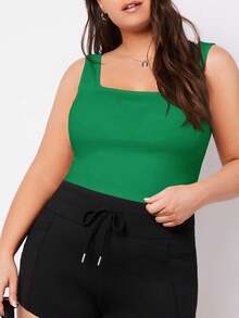 SHEIN BASICS 大码女式纯色方领休闲百搭背心 - 綠色 - 查看 4