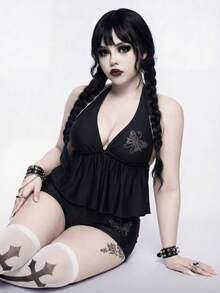 ROMWE Goth Bộ đồ bơi tankini hai mảnh màu trơn dành cho nữ cỡ lớn, kiểu dây mảnh, che bụng, thích hợp cho kỳ nghỉ biển. - màu đen - Xem 5