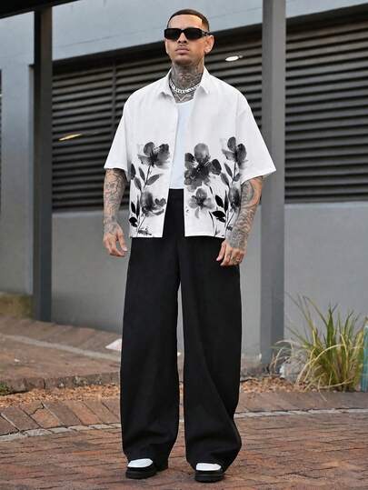 Devon Thys Chinese Style Retro Ink Floral Print Men's Standard Size Loose Cropped Short Sleeve Shirt, Fashionable Outfit Essential For Dates And Gatherings, Suitable As Gift For Boyfriend