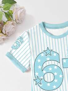 SHEIN 春夏少女休闲时尚创意个性清新简约蓝星数字67竖条纹拼接字母标语印花休闲基础款短袖T恤裙，舒适百搭；适合春夏秋三季少女穿着，提升整体氛围的服装套装 - 彩色 - 查看 7