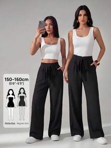 Pantalones de pierna ancha largos con cinturón y unicolor - Negro - Ver 2
