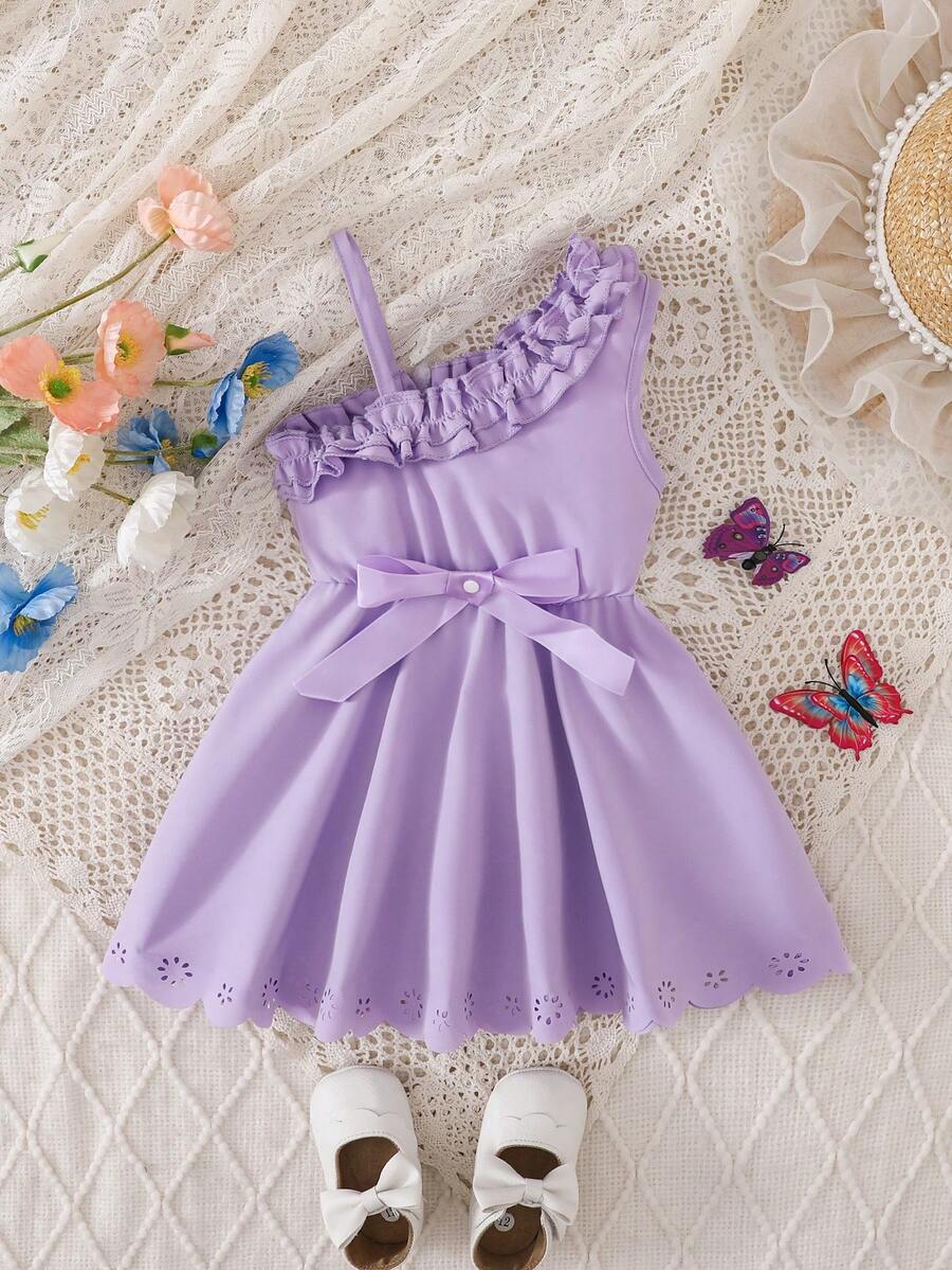 SHEIN 揉皺 不對稱純色嬰兒連衣裙 - 淡紫色 - 查看 1
