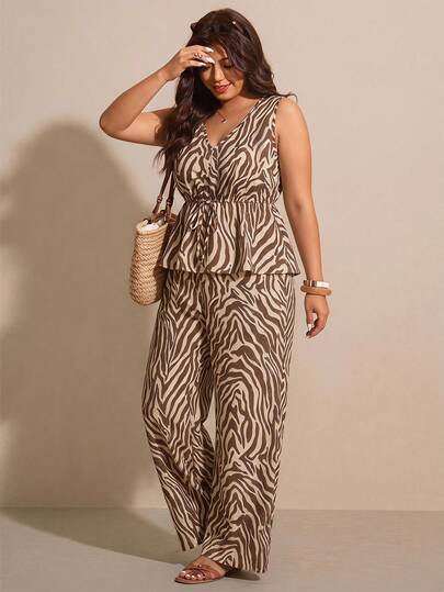 Elaquor Plus Size Women Zebra Print Ruched Top And Pants Casual 2 Pieces Set