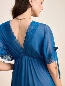 Hourtrue Lace Trim Bow Batwing Sleeve Mesh Pajama Nightdress - Teal Blue - View 3