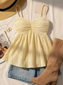 SHEIN 少女夏季休闲度假奶油黄纹理针织褶皱胸部吊带背心 - 黃色 - 查看 1