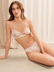 lacRébo Cream Ribbed Knit Lingerie Set With Floral Motif And Pink Contrast Detailing Cute Lingerie Set Triangle Bra And Panty Set - Apricot - View 4