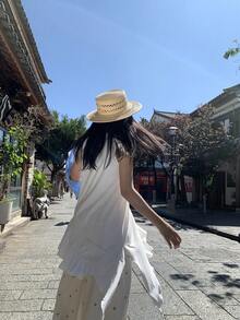 DAZY 女士休闲撞色蕾丝不对称荷叶边下摆夏季背心外套，适合假日度假穿着 - 白色 - 查看 2