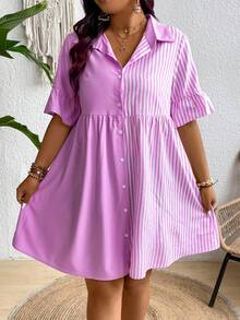 SHEIN Clasi 大码女式条纹短袖单排扣休闲衬衫裙 - 紫色 - 查看 3