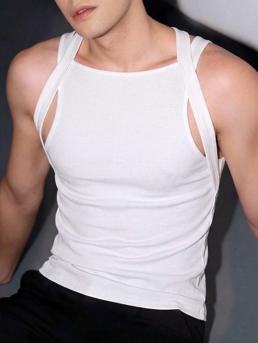 Manfinity Dauomo 男士镂空紧身性感背心 - 白色 - 查看 1