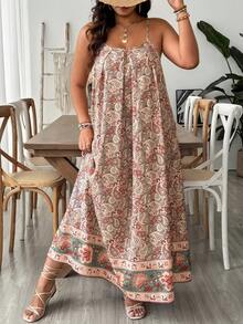 SHEIN VCAY Plus Size Women Allover Print Casual Party Slip Dress - Multicolor - View 5