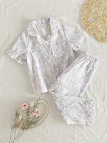Young Girl' White Floral Line Rabbit Floral Pattern Ruffle Collar Short Sleeve Pants Casual Elegant Comfortable 2 Pieces Pajama Set Sleep Summer - Purple - View 1