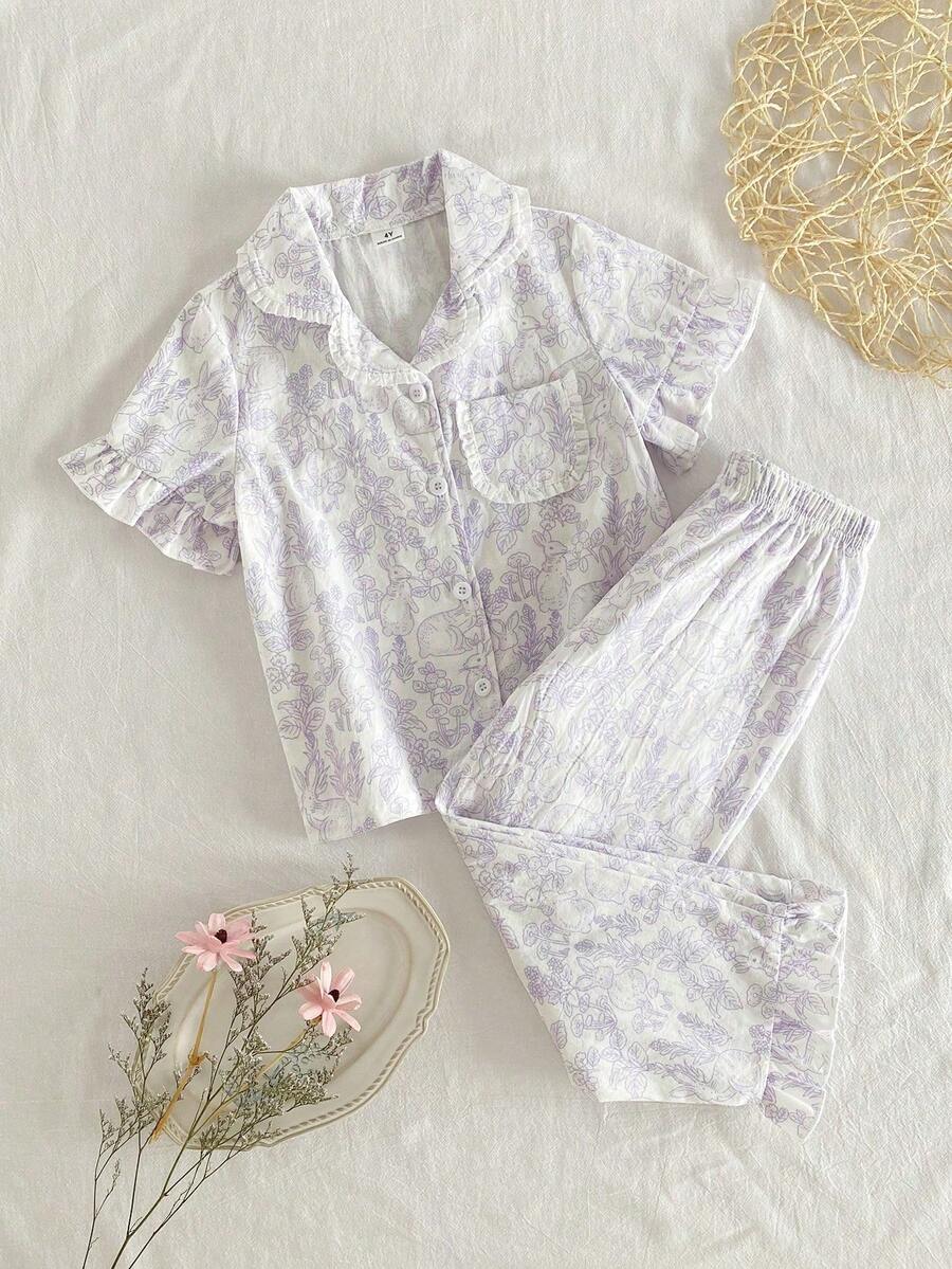Young Girl' White Floral Line Rabbit Floral Pattern Ruffle Collar Short Sleeve Pants Casual Elegant Comfortable 2 Pieces Pajama Set Sleep Summer - Purple - View 1