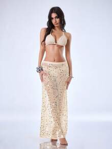 Y2Kool Shiny Mesh See-Through Sexy Hollow Out Y2K Babe Casual Island Holiday Beach Vacation Cover Up Skirt Set, Suitable For Spring/Summer Party, Beige - Beige - View 5