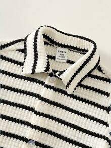 SHEIN Áo khoác cardigan tay ngắn cổ bẻ, họa tiết kẻ sọc, đa năng, phong cách thường ngày cho bé trai. - Nhiều màu - Xem 3