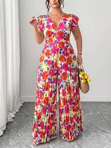 Elenzga Plus Size Women's Elegant Casual Beach Holiday Minimalist V-Neck Ruffle Sleeve Cinched Waist Slimming Long Printed Jumpsuit - Multicolor - View 3