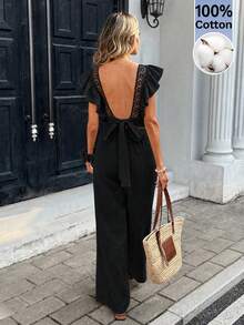 Serisse Women's Solid Color Contrast Lace Twist Back Cap Sleeve Jumpsuit - Black - View 4