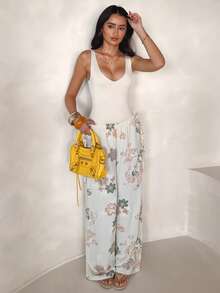SHEIN Glamour Quần nữ cạp chun in hoa, kiểu dáng thường ngày đa năng. - trắng - Xem 6