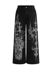 ROMWE Grunge Punk Celana Jeans Wanita Ukuran Besar Model Lurus Ekstra Panjang Motif Punk dengan Duri dan Salib Bunda Maria, Cetakan Inggris. - Hitam - View 7