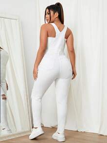 SHEIN EZwear 大码女式休闲破洞牛仔连体裤 - 白色 - 查看 2
