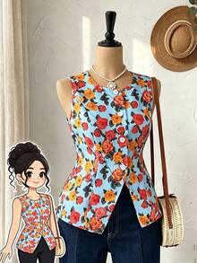 Elenzga Áo kiểu dáng thanh lịch, cỡ lớn, cổ tròn, in hoa, ôm sát, không tay, mở phía trước, áo mùa hè, áo kiểu hoa mùa hè cho nữ, áo đi nghỉ mát sành điệu, trang phục mùa hè cho nữ, áo kiểu thanh lịch cho nữ, áo kiểu thường ngày cho nữ, áo hoa. - Nhiều màu - Xem 1