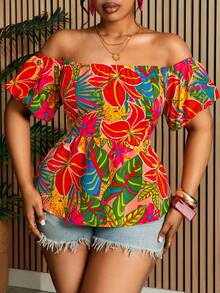 Villa Velisse Plus Size Women Tropical Plant Off Shoulder Short Petal Sleeve Blouse - Multicolor - View 4