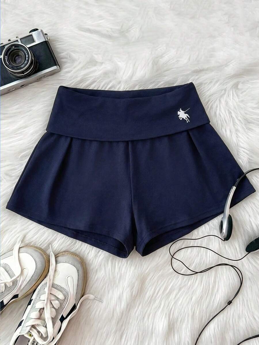 SHEIN Quần short cạp cao kiểu dáng thường ngày, màu xanh hải quân, in họa tiết hiệp sĩ, dành cho bé gái tuổi teen. - Màu xanh hải quân - Xem 1