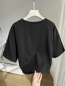 SHEIN EZwear 大码夏季休闲雏菊刺绣圆领短袖T恤 - 黑色 - 查看 2