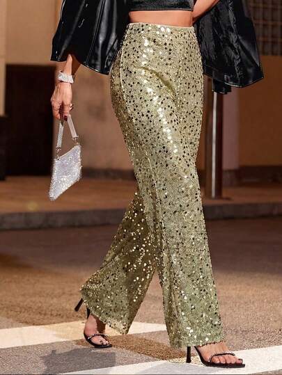 Glamine Bean Green Sequin Party Women Pants,Vacation,New Years