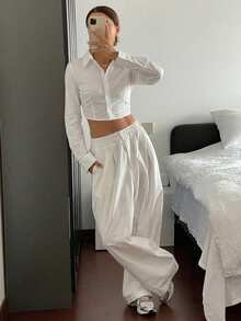 DAZY Solid Color Turndown Collar Long Sleeve Drawstring Hem Women Shirt Teachers' Day Office White Autumn Basic Smart Casual - White - View 4