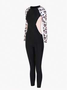 SHEIN Baju Renang Terusan untuk Anak Perempuan Remaja, Motif Patchwork Hitam & Merah Muda, Lengan Panjang & Celana, Motif Hati Macan Tutul, Baju Renang Pelindung Ruam Pantai Musim Panas yang Lucu, Baju Renang Penutup Penuh - Hitam - View 6