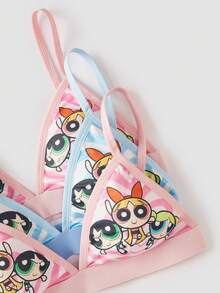 Chillnights THE POWERPUFF GIRLS X SHEIN 3件套女士可爱卡通全印花文胸和宽松内裤套装 - 彩色 - 查看 3