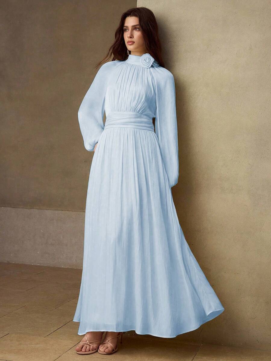 MOTF PREMIUM VESTIDO LARGO CON MANGAS FAROL Y CINTURA FRUNCIDA PARA MUJER - Gris azul - Ver 1