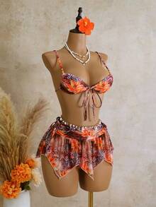 Swim SXY 3 pezzi Set da bagno con top a canotta con stampa floreale e animale, slip con lacci ai lati e gonna a volant in rete - Multicolore - Visualizzare 6
