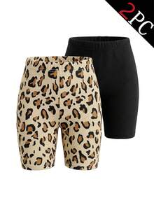 2 sets de leggings para niñas, incluye diseños versátiles de estampado de leopardo clásico y negro sólido, hechos de tela de punto de poliéster suave y amigable con la piel con caída suave y ajuste cómodo, silueta ajustada, lavable a máquina - Multicolor - Ver 5