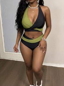 Maweii Conjunto de bikini de mujer talla grande con bloques de color y diseño personalizado de cuello halter, para usar en vacaciones y playas de verano - Verde - Ver 4