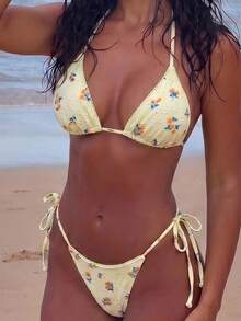 SHEIN Swim 夏季海灘度假黃色特殊布料網格印花掛脖三角比基尼套裝，附側綁帶比基尼褲與波浪飾邊 - 彩色 - 查看 4