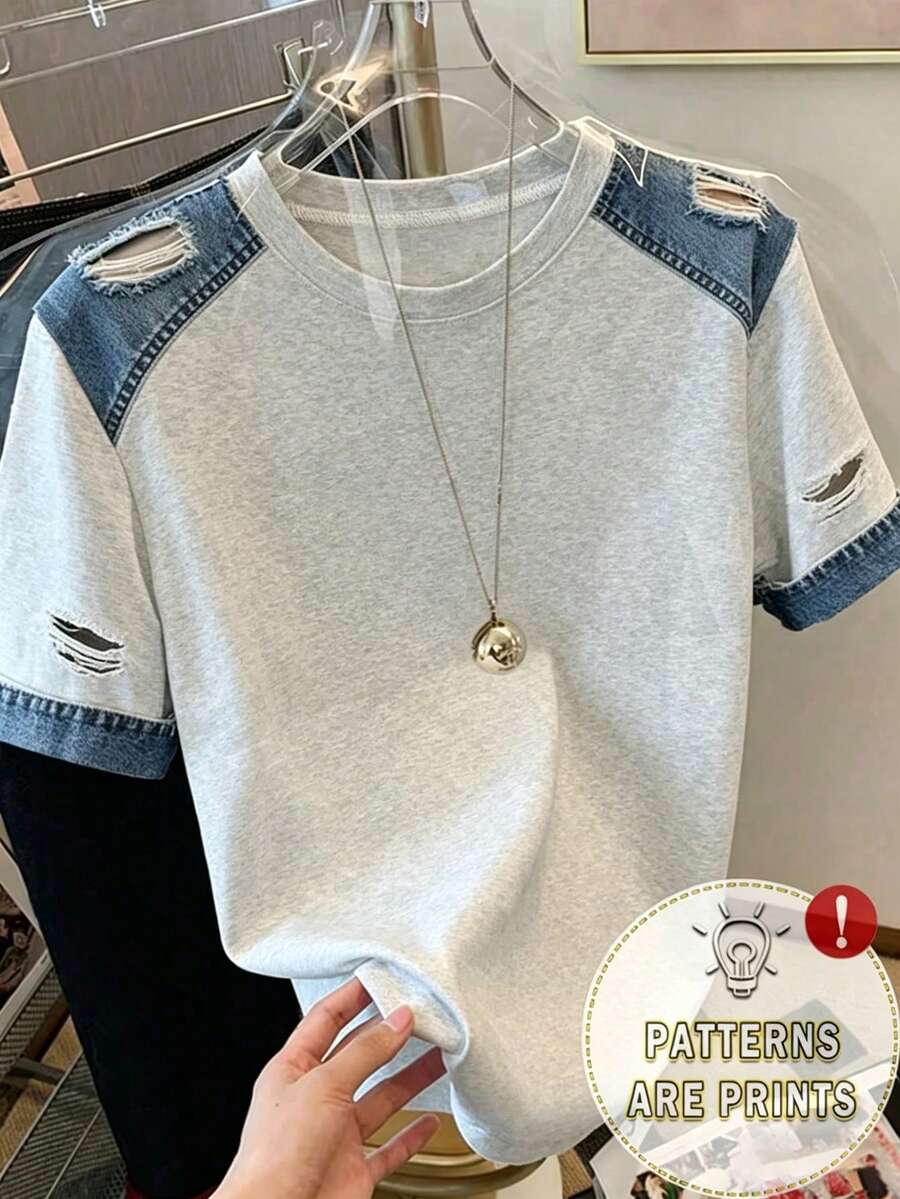 Resyla 时尚牛仔效果圆领女式T恤,适合日常和正式场合穿着 - 淺灰色 - 查看 1