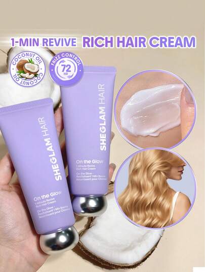 SHEGLAM HAIR On The Glow 1-Minute Revive Rich Hair Cream-70g,Moisture Leave-In Hair Conditioner, Leave-In Cream,72-Hour Frizz Control, Deep Nourishment, Multi-Action Protection For Severely Damaged Or Frizzy Hair In Need Of Intensive Care Birthday Gift Holiday Pink Vibe Makeup Beach School Festivals Rose Girl Hair Care Y2K Mother's Day Travel Essential Vacation Summer Cruise Essentials Curly Hair Hair Curler Hair Straightener Hair Products Wax Hair Stuff