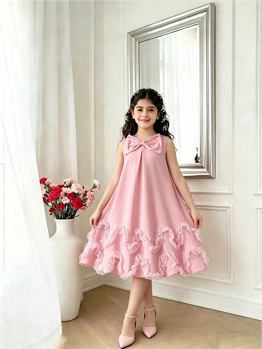 Đầm không tay thanh lịch cho bé gái với nơ trang trí và viền bèo nhún, đầm đỏ không tay duyên dáng cho trẻ em, thích hợp cho mùa xuân và mùa hè. - Hồng - Xem 1