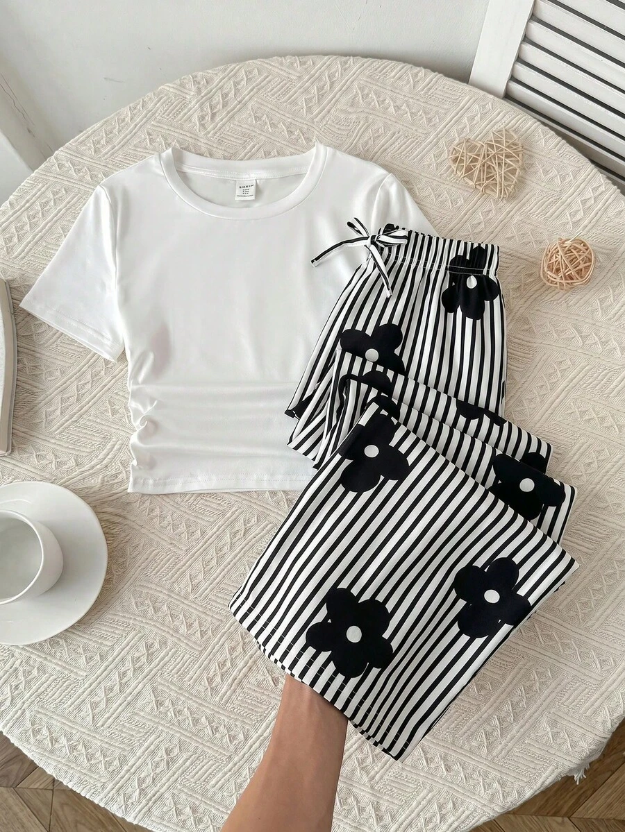 SHEIN 少女休闲圆领上衣和条纹裤套装 - 黑與白 - 查看 1